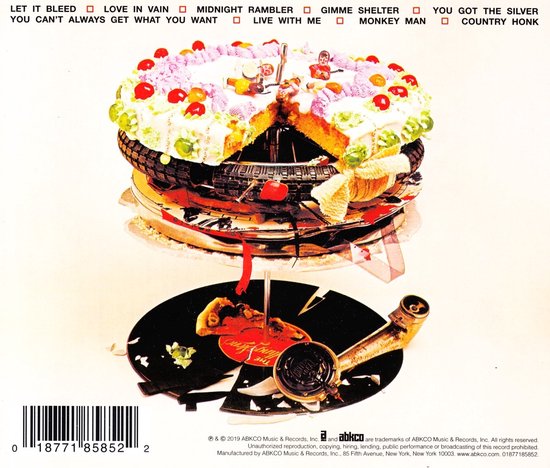 Achterkant Rolling Stones Let It Bleed albumhoes: een aangesneden taart op een band en platen, met een oude platenspeler en barcode.