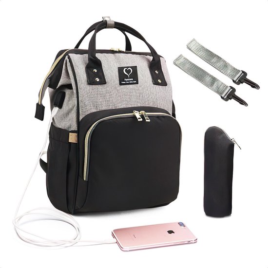 Buxibo Luier- en Verzorgingstas Inclusief USB Oplaadstation - Baby Rug Tas met Isoleervak - Diaper Backpack Bag - Reis Rugzak - Grote Capaciteit - 23.8L - Zwart