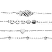 Emilie scarves - armband - set van 4 - bedels - ananas hartje - zilverkleurig stainless steel