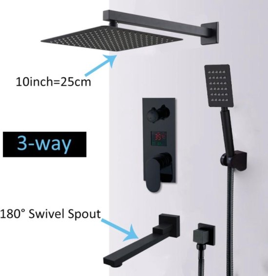 Sanisupreme® Promobundel Inbouw Doucheset Manhattan Premium de Luxe LCD 10 inch regendouche vierkant 3-weg zwart