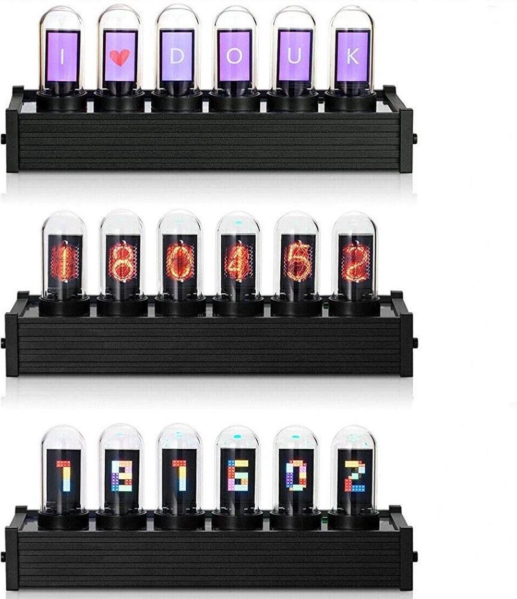 Horloge à Tube Nixie Style – 6 Tubes à Quartz, Écran IPS Personnalisable, LED RGB, Alimentation USB-C