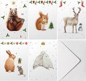 Set van 20 stuks vrolijke kerstkaarten met enveloppen - Blanco zonder tekst - 5 winterdieren handgeschilderd - dubbele kaart met vouw op mooi ECO papier - A6 formaat
