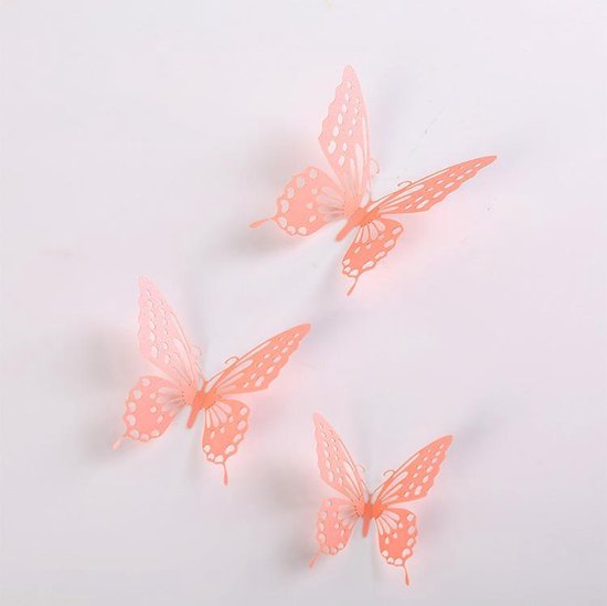 Set van drie roze 3D-vlinders met gedetailleerde patronen, ideaal als muur- of taartdecoratie.