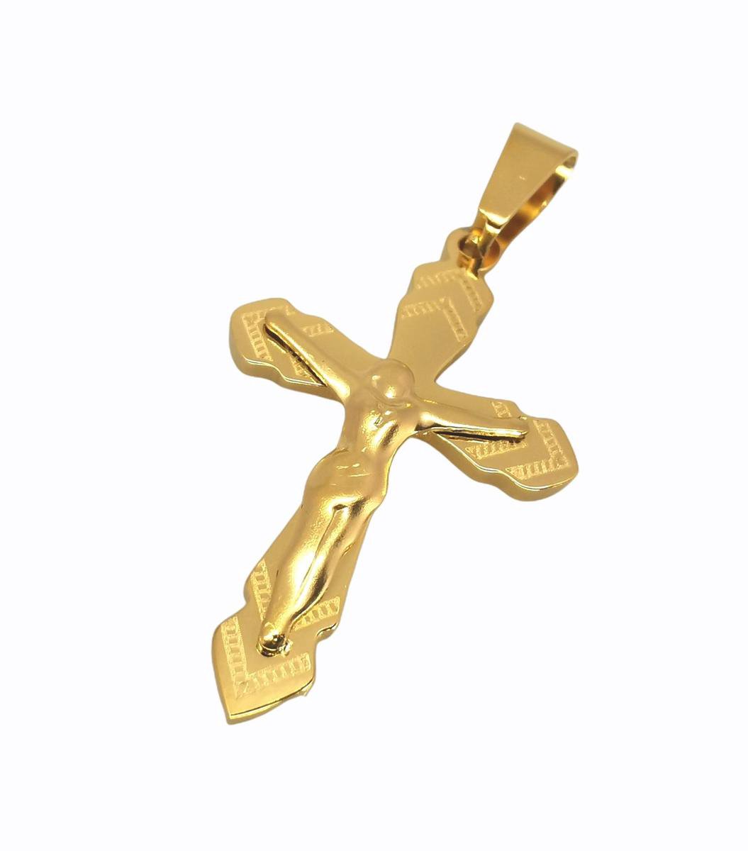 Prachtig bewerkt 316L Rvs goudkleur kruis Jezus Christus. Afm: H 36 x Br 18 mm