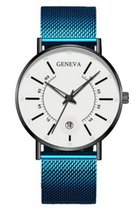 Hidzo Horloge Geneva - Met Datumaanduiding - ø 40 mm - Blauw/Wit - Staal