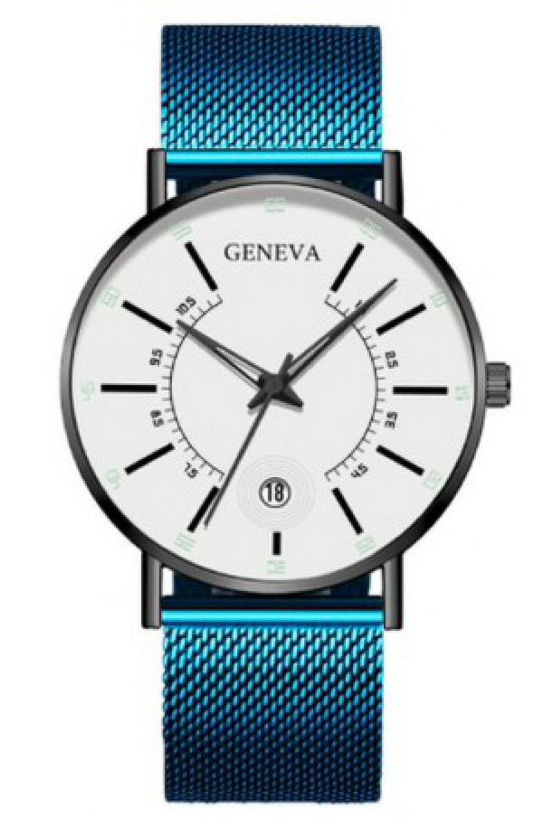Hidzo Horloge Geneva - Met Datumaanduiding - Ø 40 mm - Blauw-Wit - Staal