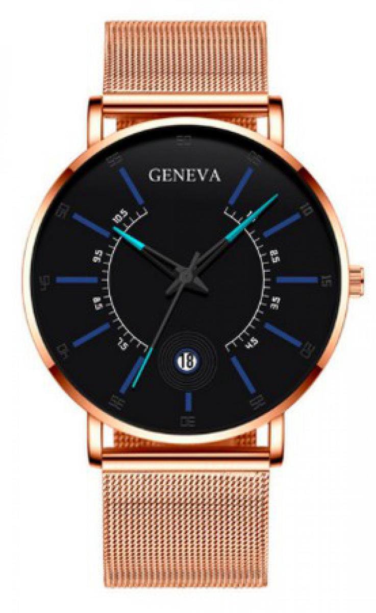 Hidzo Horloge Geneva - Met Datumaanduiding - ø 40 mm - Rose-Goud/Blauw - Staal