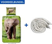 Dekbedovertrek voor Kinderen - Eenpersoons - 140x200/220cm - Inclusief 1 Kussensloop - 100% Versterkt Katoen - Olifant + Wasbaar Microfiber Dekbed - 140x220cm - Wit