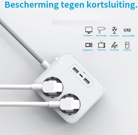 Premium Stekkerdoos | Contactdoos met 3 USB ingangen | Verdeeldoos | 1.60M  Snoer |... | bol