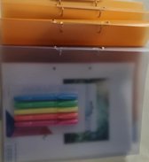 kantoor- schoolpakket kunststof documentmappen A4 16 mm 2 ringen oranje paars 5 stuks highlighters felle kleuren A4 schrijfblock gelijnd 1x