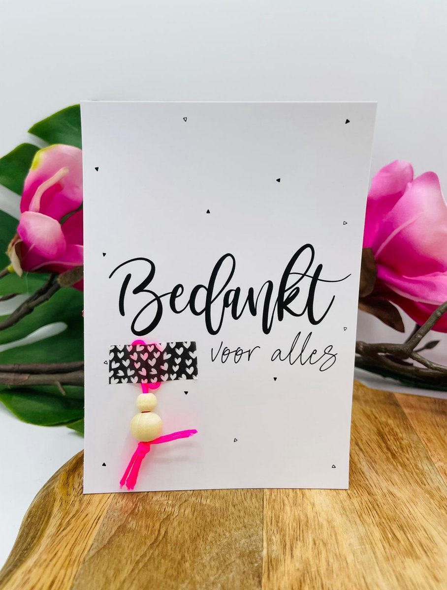 Voilà Ansichtkaart Bedankt met gelukspoppetje roze - juf - meester - zomaar
