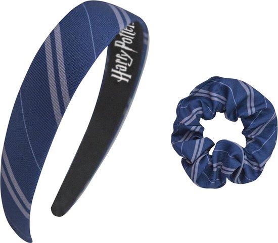 Blauw diadeem en scrunchie met Harry Potter Ravenklauw-strepenpatroon.
