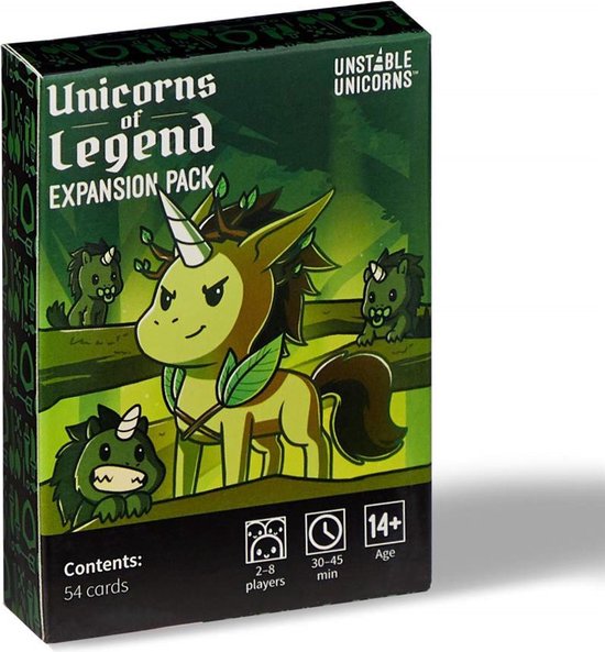 Doos van het kaartspel 'Unicorns of Legend Expansion Pack'. Een bruine eenhoorn met een hoorn, manen en bladeren staat op een heuvel met drie groene, woeste babyeenhoorns om hem heen.