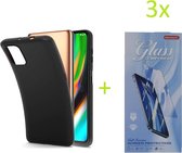 Motorola Moto G9 Plus TPU Silicone rubberen hoesje + 3 Stuks Tempered screenprotector - zwart