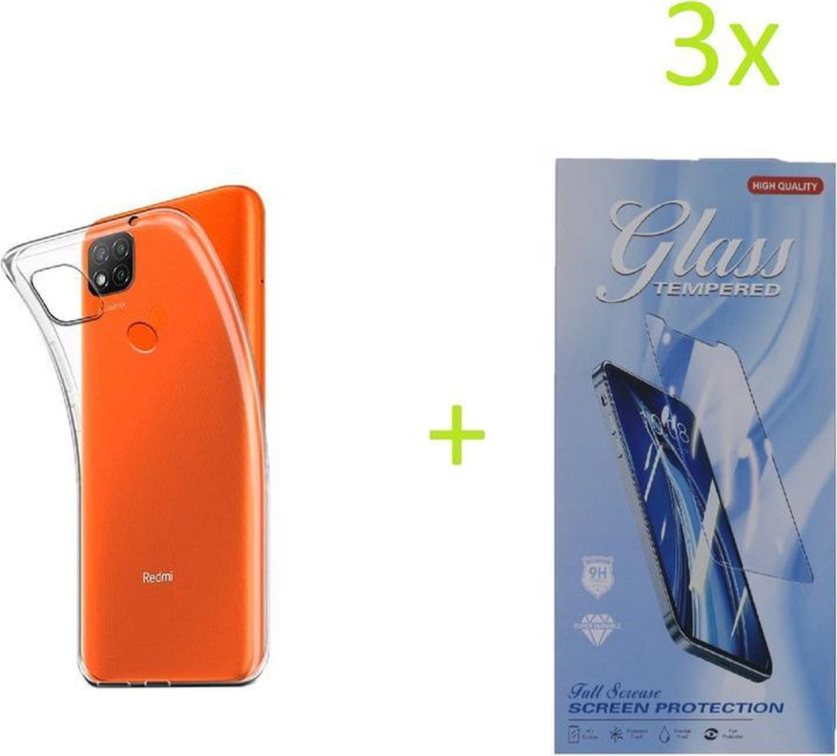 Hoesje Geschikt voor: Xiaomi Redmi 9C Transparant TPU Silicone Soft Case + 3X Tempered Glass Screenprotector