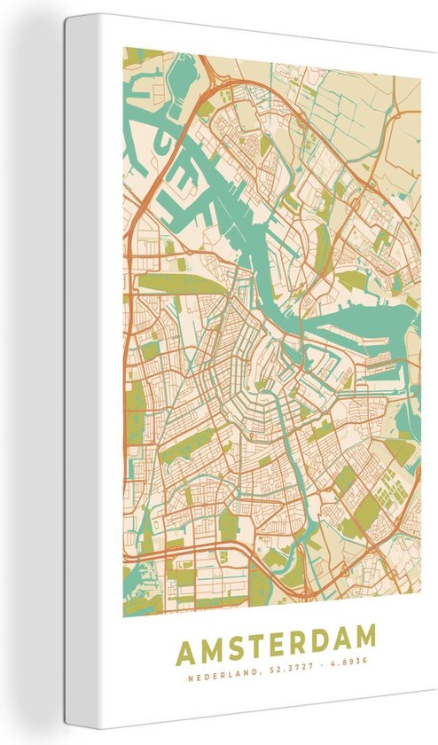 Peinture sur Toile City Map - Amsterdam - Vintage - 40x60 cm - Décoration murale - Carte