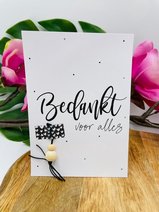 Ansichtkaart Bedankt voor alles incl gelukspoppetje zwart - meester juf - bedankje - kleinigheidje