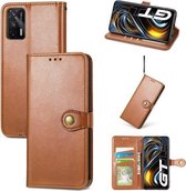 Voor OPPO Realme GT 5G/Realme Q3 Pro 5G Effen Kleur Lederen Gesp Telefoon Case met Lanyard & Fotolijst & Kaartsleuf & Portemonnee & Stand Functie (Bruin)