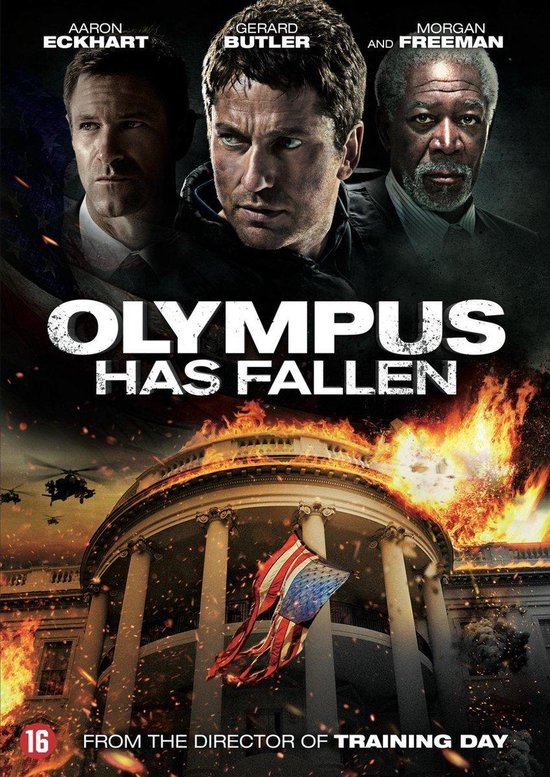 Film poster 'Olympus Has Fallen' met Aaron Eckhart, Gerard Butler en Morgan Freeman. Het Witte Huis staat in brand.