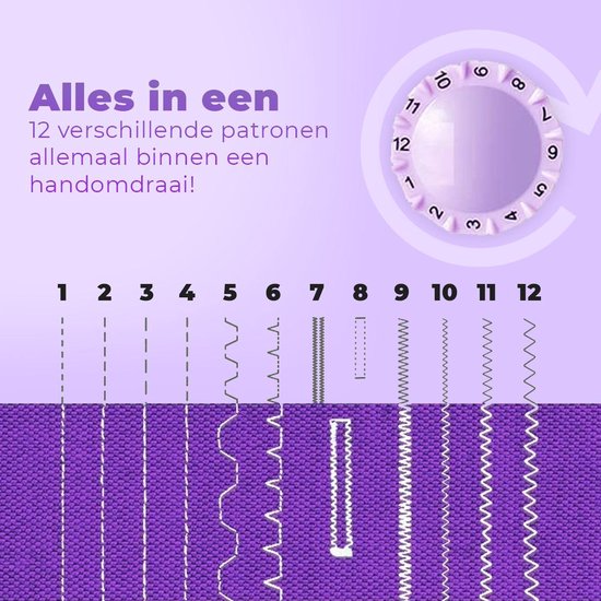 12 verschillende naaipatronen gedemonstreerd op paars textiel, met selectieknop.