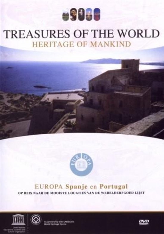 DVD hoes met de titel 'Treasures of the World Heritage of Mankind' en een afbeelding van een fort aan zee in Spanje.