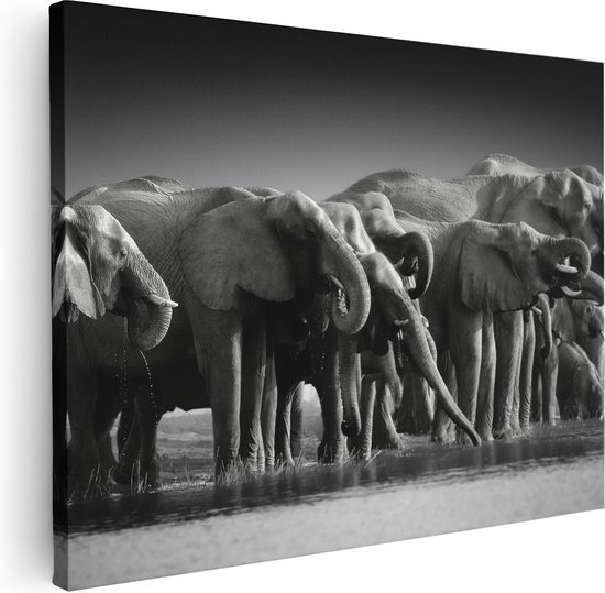Artaza Canvas Schilderij Groep Olifanten Bij Het Water - Zwart Wit - 40x30 - Klein - Foto Op Canvas - Canvas Print