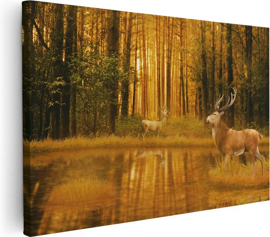 Artaza Canvas Schilderij Twee Herten In Het Bos Bij Het Water - 90x60 - Foto Op Canvas - Canvas Print - Muurdecoratie