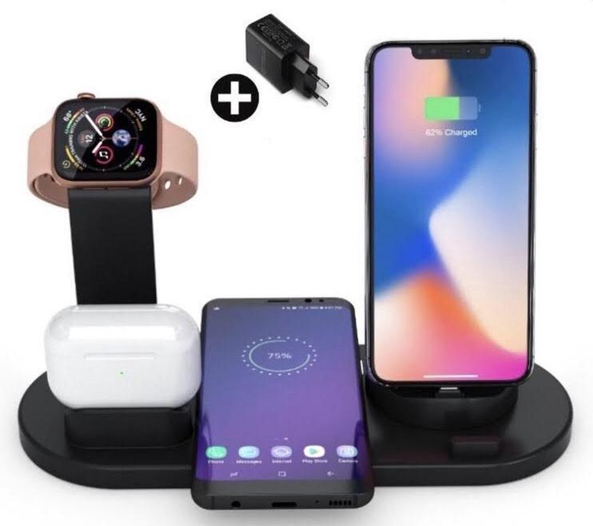 J.A.G. Chargers® 4-in-1 Draadloze oplader Iphone – Inclusief snellader- Wireless charger for iPhone, iWatch en AirpodsPro - Oplaadstation Apple - Kerst - Snellader iphone - Zwart- Docking station - Sinterklaas