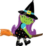 folieballon Cute Witch on Broom 86 x 96 cm paars/zwart