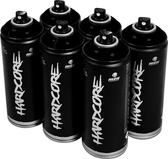 MTN Hardcore Gloss Black - peinture noire en aérosol - 6 pièces - 400ml haute pression et finition brillante