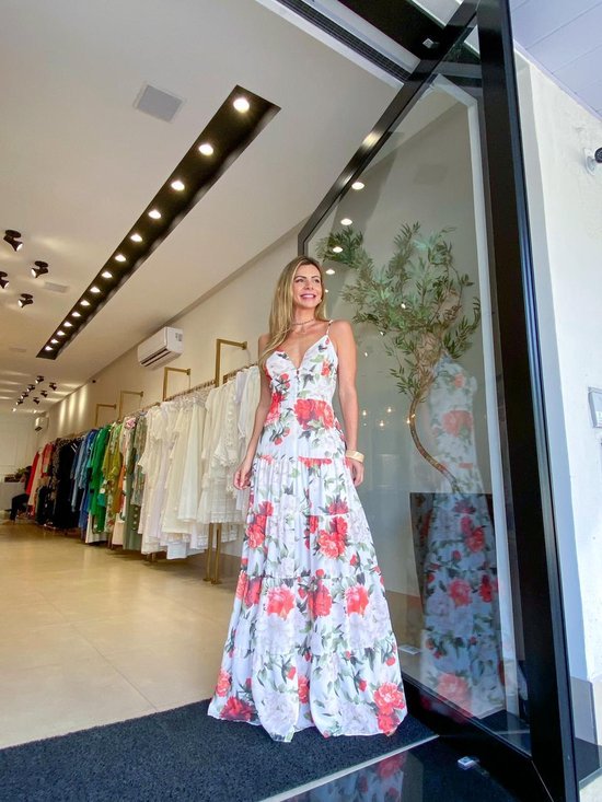 MKL - Dames jurk lange zomerjurk - Braziliaanse Mode, - Lente/ Zomer - Kleur roze met bloemen - Elegant Vrolijke jurk  - Vintage - Maxi Jurk - Maat: S/M