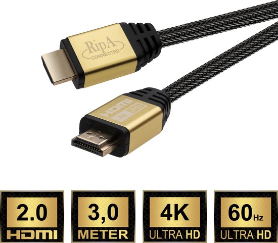 Câble HDMI 2.0 connecté Ripa - 3M - Ultra HD haute vitesse 4K - HDMI vers  HDMI