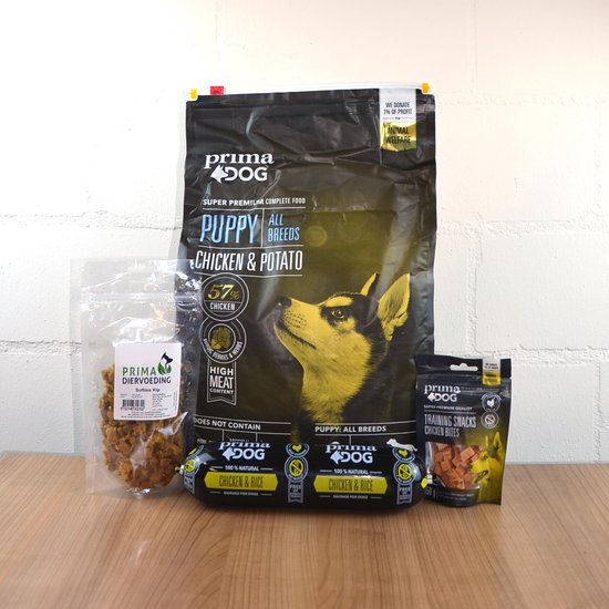 Prima Diervoeding Cadeaubox Honden - Puppy Box - Puppyvoer Kip - Voor Alle Rassen - Hondenvoer Droog - Hondenvoer Natvoer - Trainingsnacks - Zachte Snacks