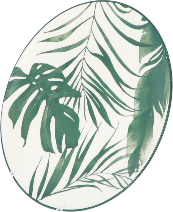 Assiette blanche avec motif de feuilles de palmier vertes.