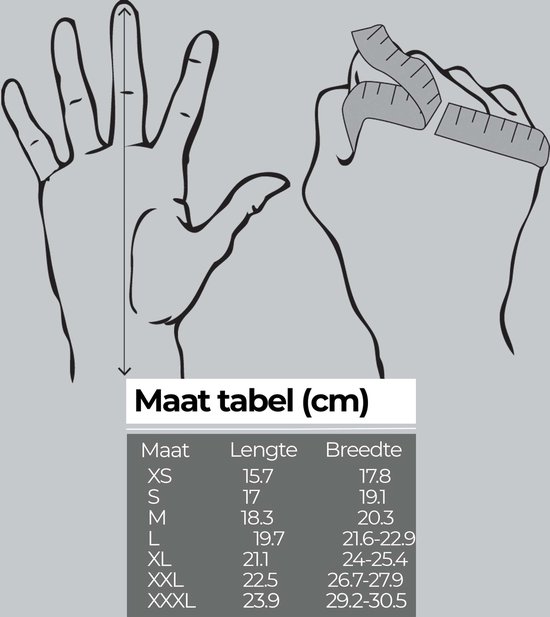 Illustratie van handen met maattabel voor fietshandschoenen.