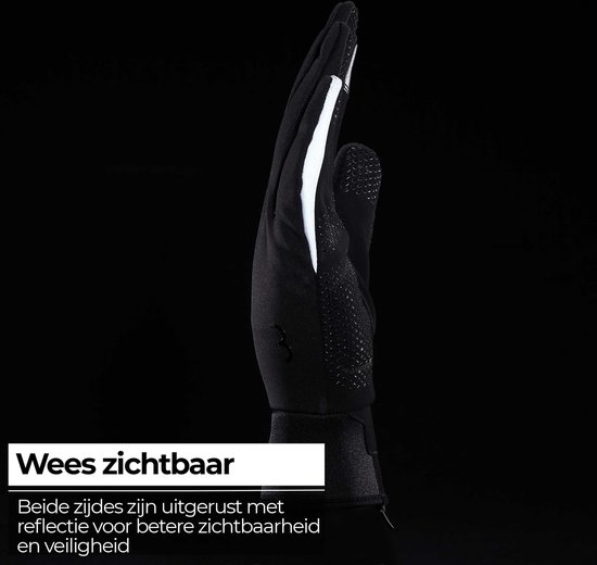 Zwarte fietshandschoen met reflecterende streep en siliconen grip op de palm, "Wees zichtbaar".