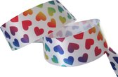 Regenboog Harten Lint 22mm (2,2cm) | Satijnlint Wit Hartjes | Luxe Dubbelzijdige Kwaliteit | Cadeau Lint | Danslint | Rainbow Pride | Valentijn  Love | Decoratielint | Rol: 10 Meter