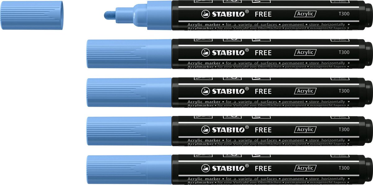 STABILO FREE - Acryl Marker - T300 - Ronde Punt - 2-3 mm - Kobalt Blauw - Doos 5 stuks