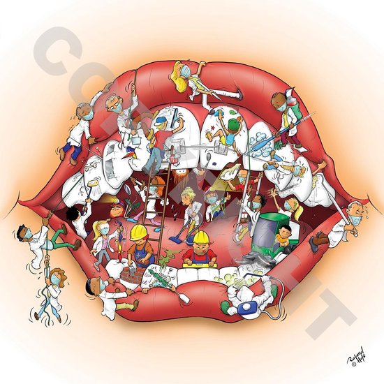 Cartoon plafondplaat - Poster - Roland Hols - Mond - 60 x 60 cm - Forex 5 mm dik - Tandarts - Orthodontist -Mondhygiënist - voor boven de behandelstoel