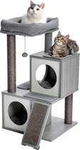 Krabpaal voor Grote en Kleine Katten - met Kattenmand, Krabplank & Kattenspeeltjes/Kattenspeelgoed - Geschikt voor Kittens - 3 Verdiepingen - Grijs 89cm hoog