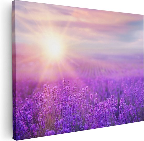 Artaza Canvas Schilderij Bloemenveld Met Paarse Lavendel  - 80x60 - Foto Op Canvas - Canvas Print