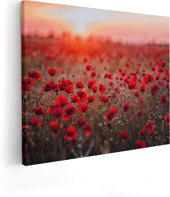 Artaza Canvas Schilderij Rode Klaprozen Bloemenveld Zonsondergang - 100x80 - Groot - Foto Op Canvas - Canvas Print