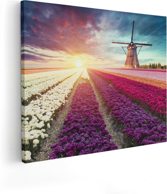 Artaza Canvas Schilderij Kleurrijke Tulpen Bloemenveld - Windmolen - 100x80 - Groot - Foto Op Canvas - Canvas Print