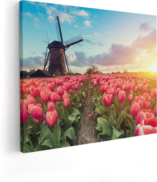 Artaza Canvas Schilderij Roze Tulpen Bloemenveld - Met Windmolen - 100x80 - Groot - Foto Op Canvas - Canvas Print