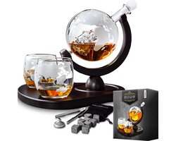 MikaMax Globe Whiskey Decanter Deluxe  - Luxe Uitvoering - Whiskey Set - Whiskey Karaf - Whiskey Glazen - Whiskey Karaf - Incl. 2 Whiskey Glazen en Whiskey Stones - 900 ML Image