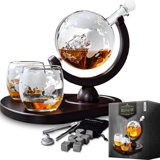 MikaMax Globe Whiskey Decanter Deluxe  - Luxe Uitvoering - Whiskey Set - Whiskey Karaf - Whiskey Glazen - Whiskey Karaf - Incl. 2 Whiskey Glazen en Whiskey Stones - 900 ML