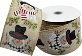 Kerst Lint met IJzerdraad | Natural Jute Burlap Look Lint | Luxe Weefband 63mm (6,3cm) | Vrolijke Sneeuwpop Kerst | Cadeaulint | Lengte: 3 Meter