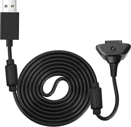 Zwarte Xbox 360 controller oplaadkabel, opgerold, met USB-aansluiting en adapter.