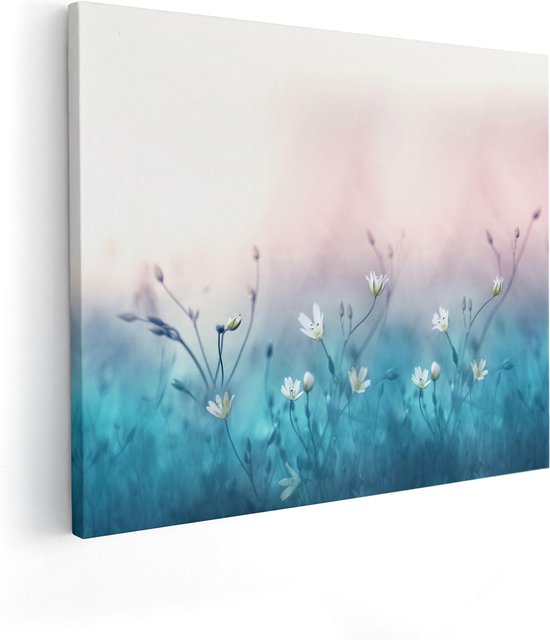 Artaza Canvas Schilderij Witte Bloemen Op Een Blauw Achtergrond - 50x40 - Foto Op Canvas - Canvas Print