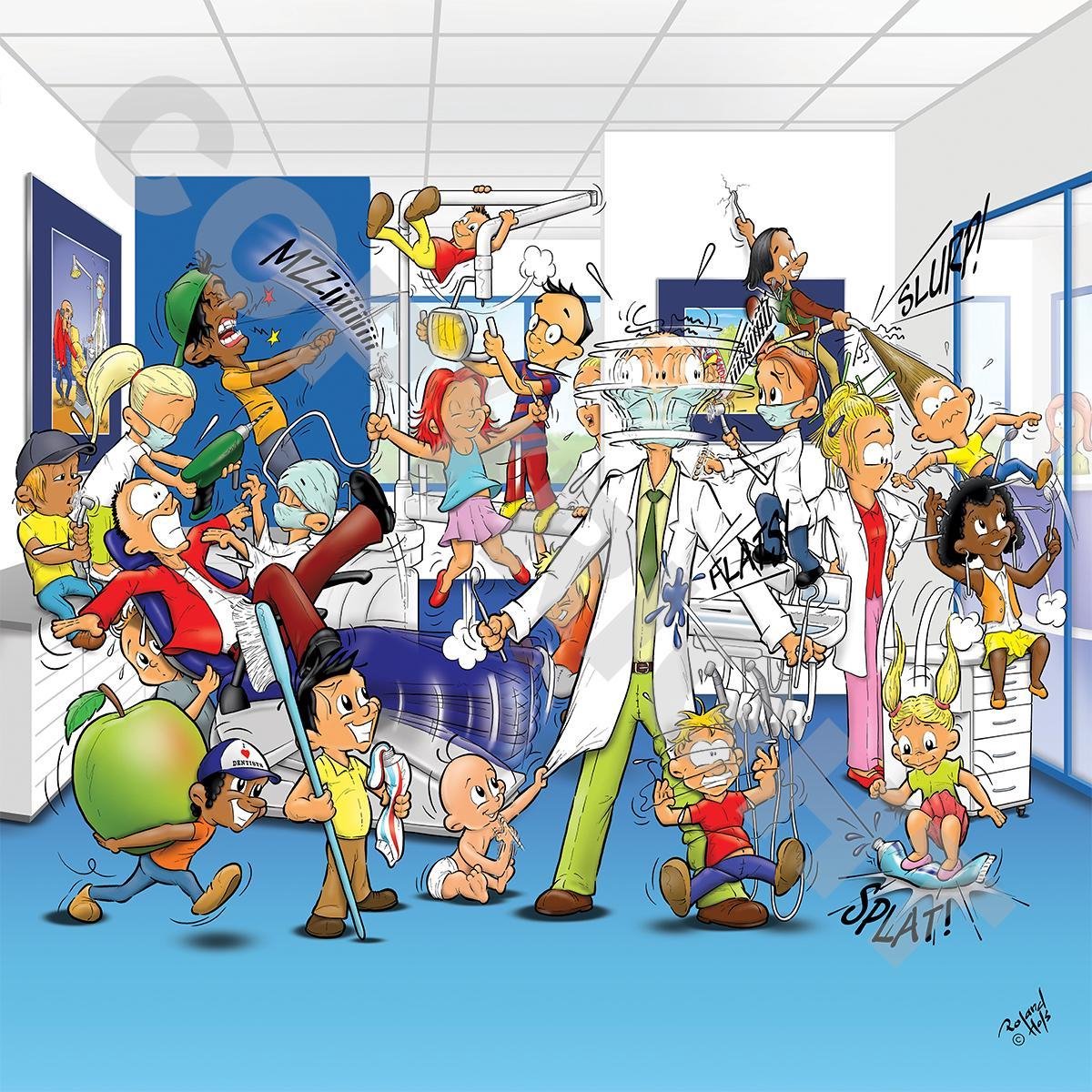 Cartoon plafondplaat - Poster - Roland Hols - Tandartsenpraktijk 2 - 60 x 60 cm - Forex 5 mm dik - Tandarts - Orthodontist -Mondhygiënist - voor boven de behandelstoel